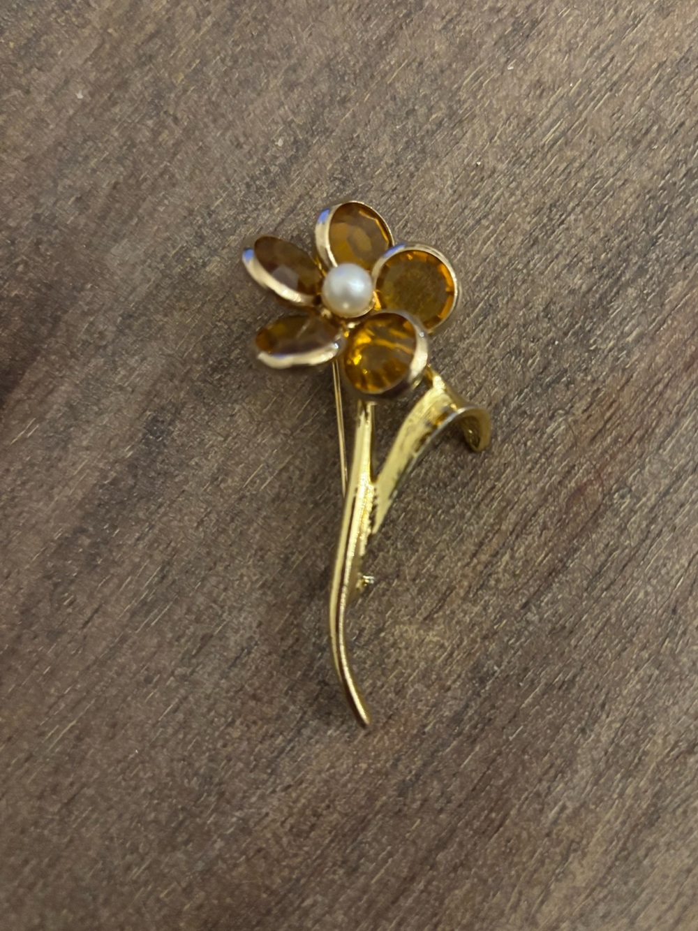 Sarah Coventry Gold Floral Brooch with Amber Petals and Pearl